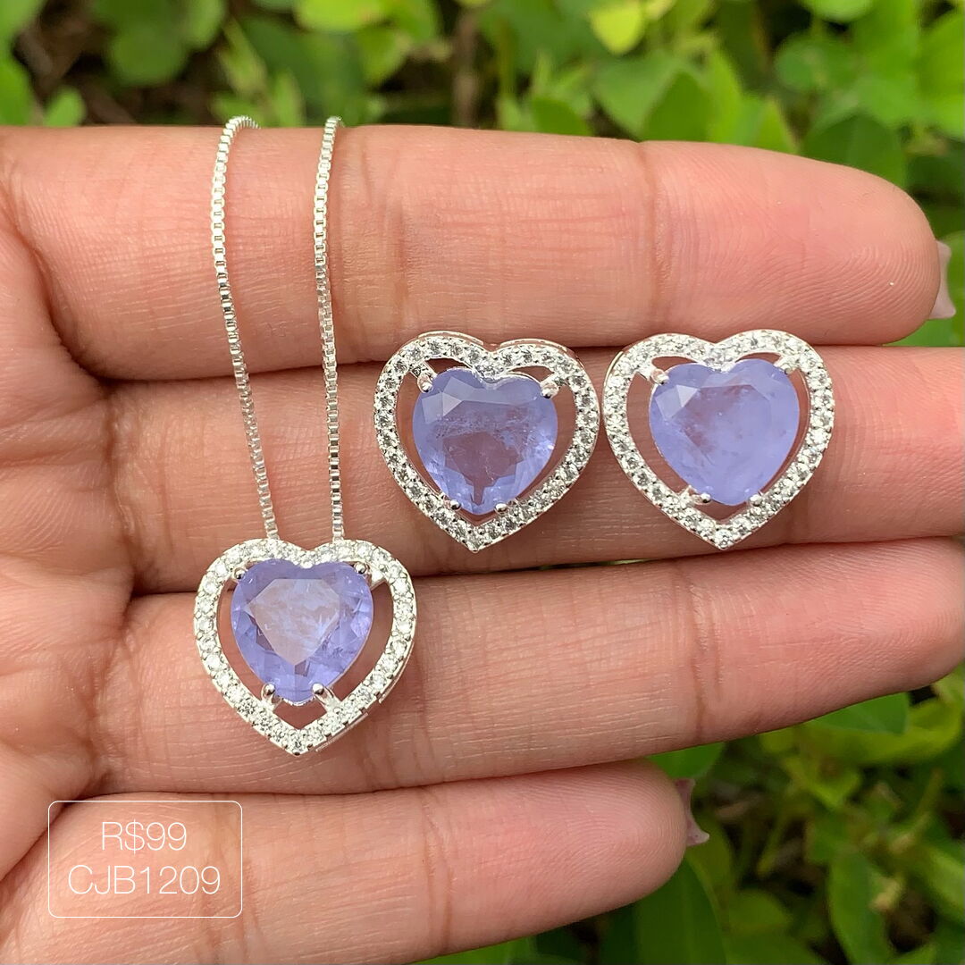 Conjunto De Coração Roxo Fusion Cravejado Cristal Prateado